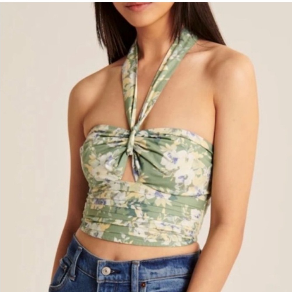 Abercrombie Green Floral Halter Crop Tank Top